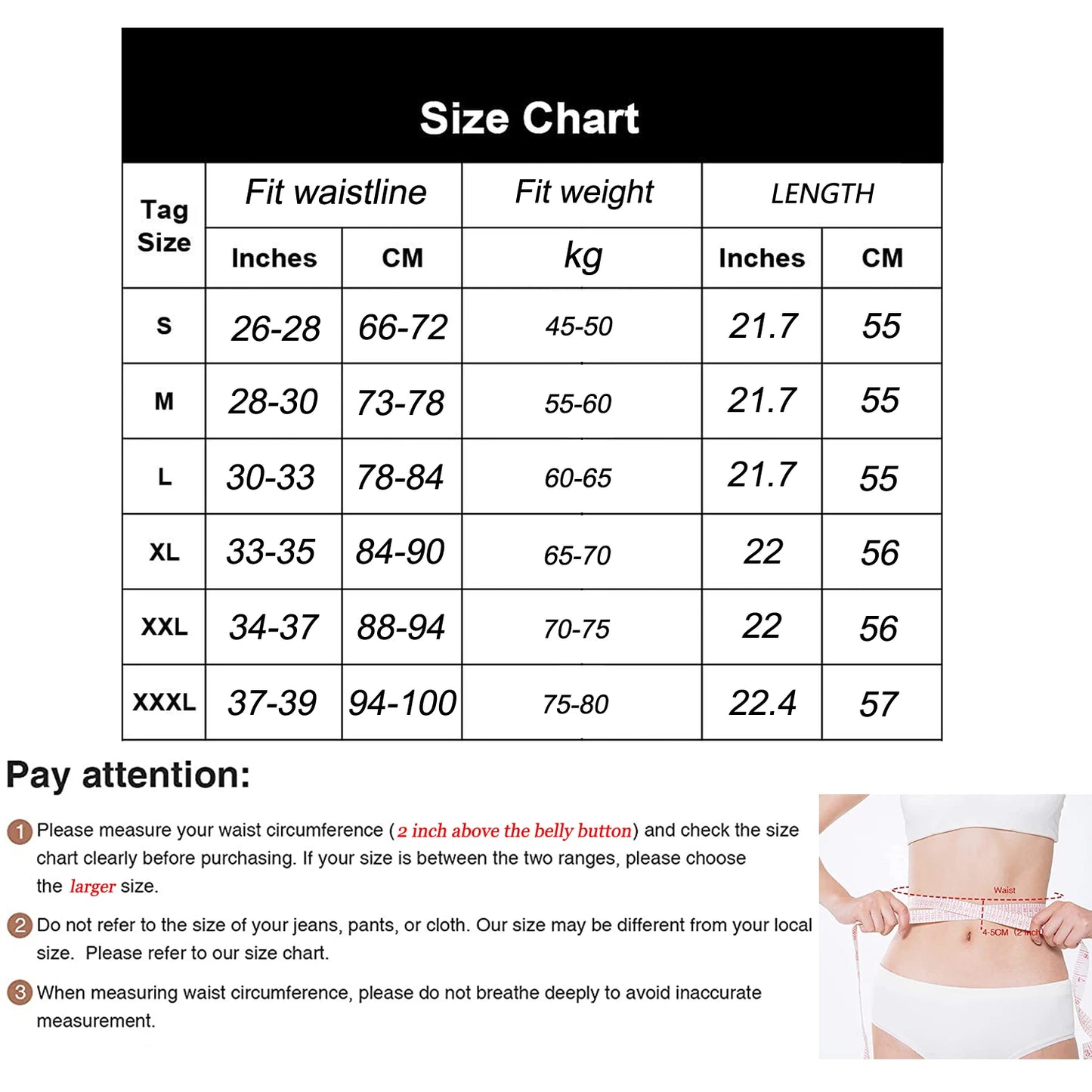 Sauna suit size chart
