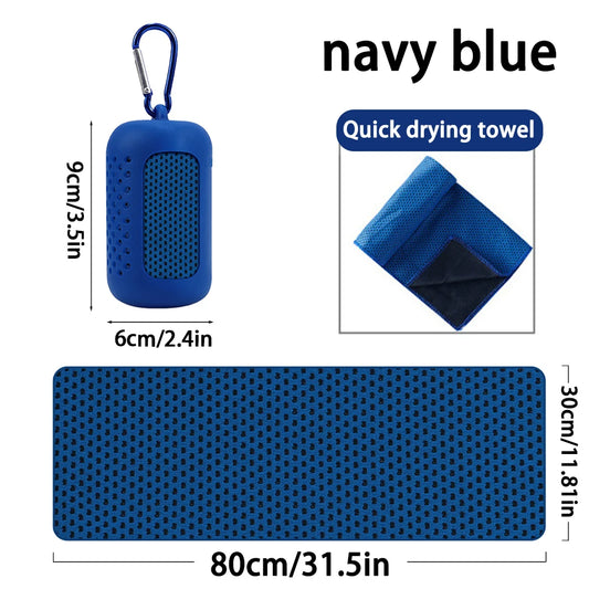 Navy blue cooling towel shown flat with dimensions