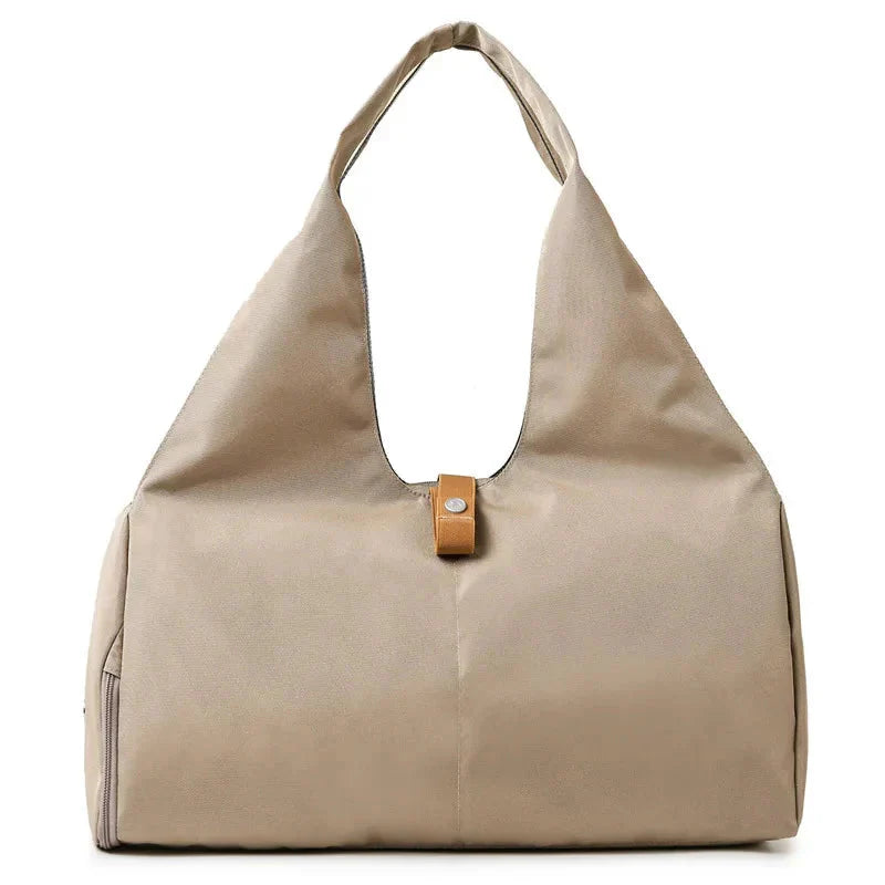 MotionMade women's sports bag in tan – waterproof with shoe pocket for gym and yoga