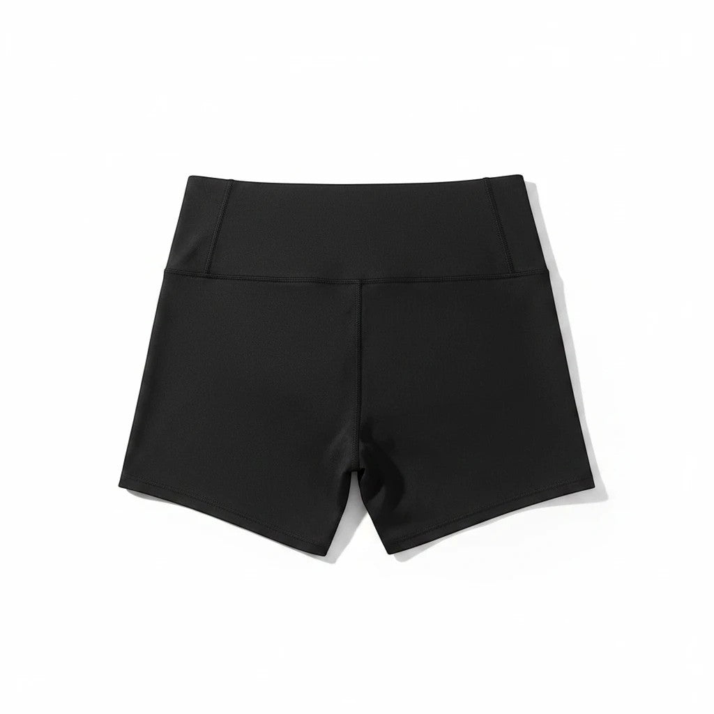 MotionMade black high-waisted athletic compression shorts with moisture-wicking fabric and side pockets.