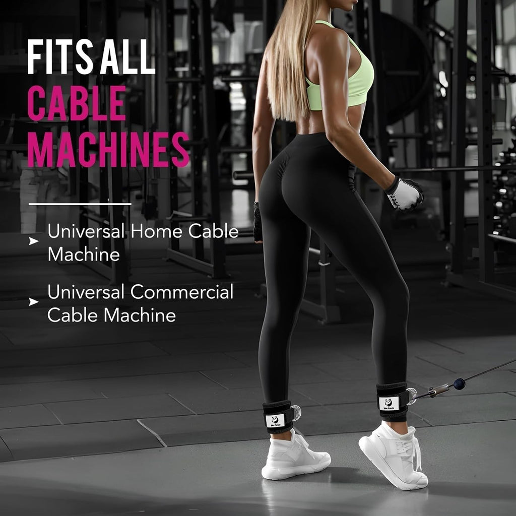 MotionMade neoprene ankle straps for cable machines on a woman in a gym, featuring heavy-duty D-rings and velcro.