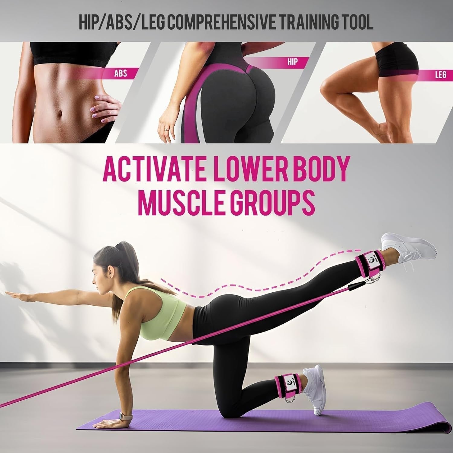 MotionMade neoprene ankle straps for cable machines used by a woman performing glute kickbacks on a purple yoga mat.