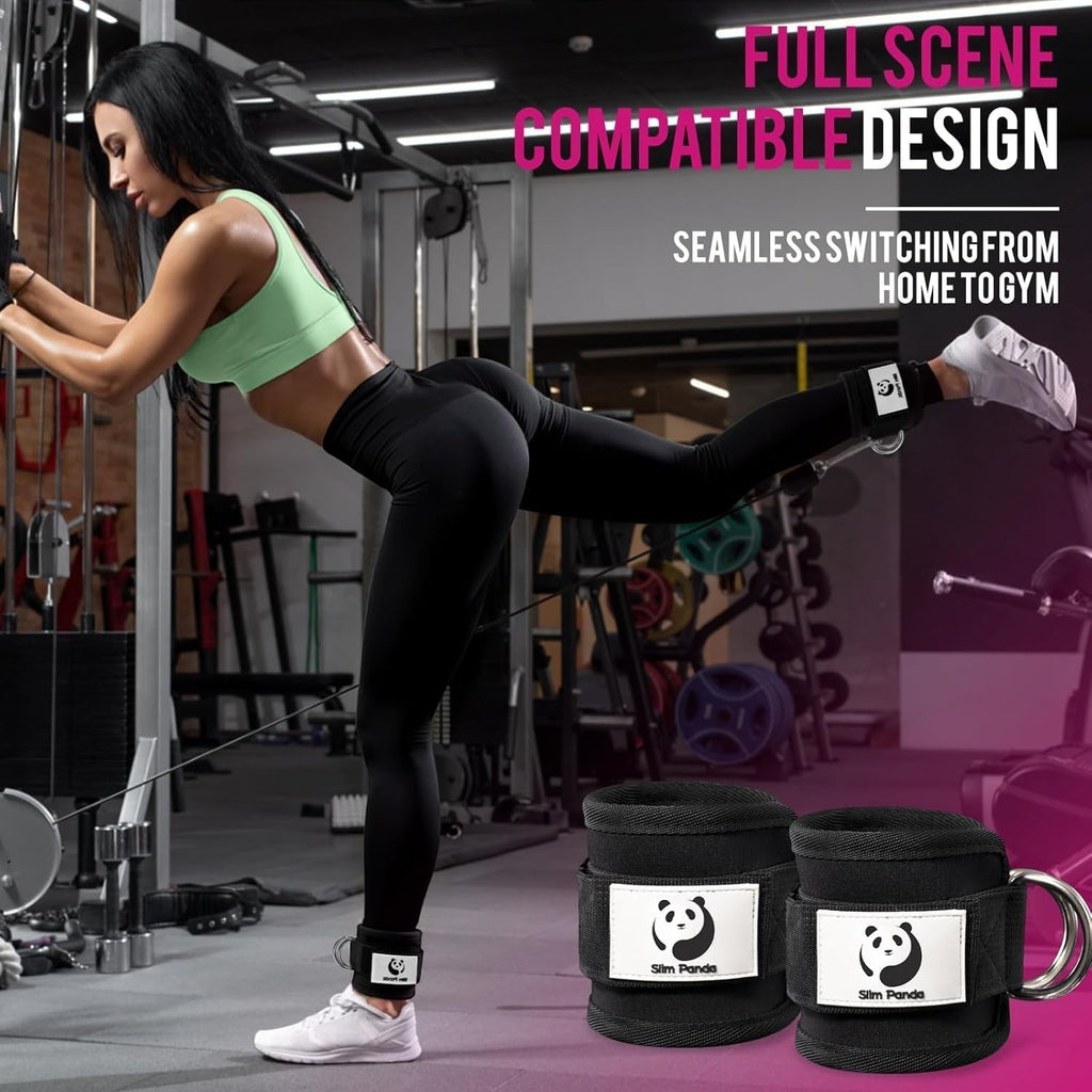 MotionMade black neoprene ankle straps with D-rings for cable machines, shown on a woman doing glute kickbacks.