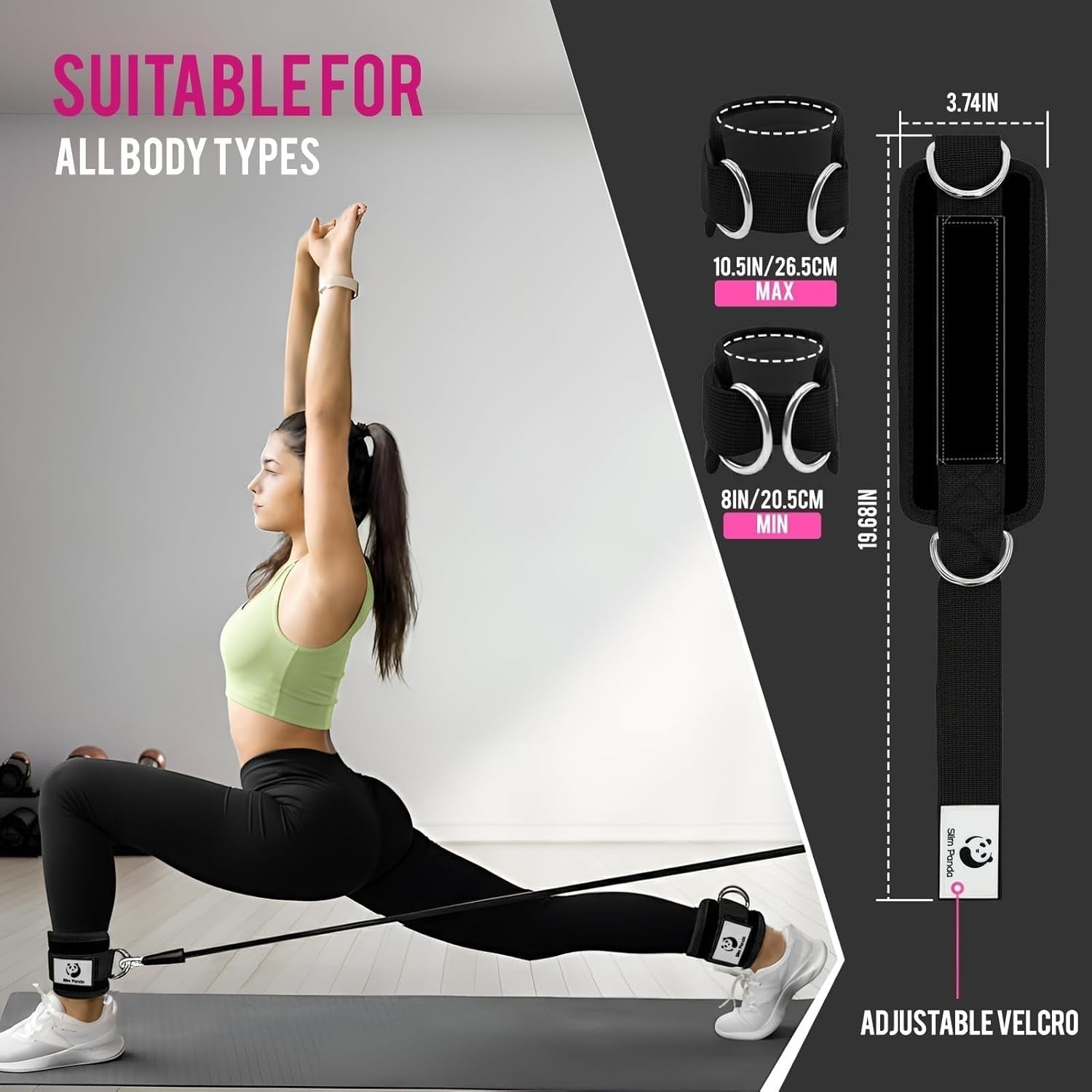 MotionMade black neoprene ankle straps for cable machines with adjustable velcro and metal D-rings for gym workouts.