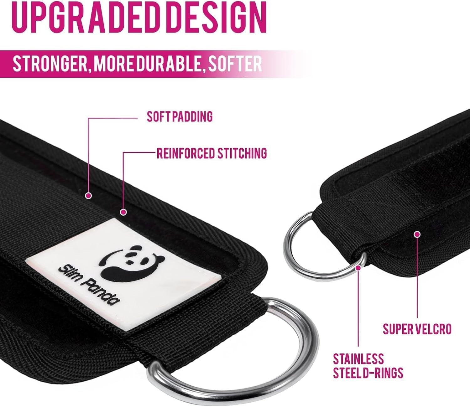 MotionMade black neoprene ankle straps for cable machines with stainless steel D-rings and adjustable velcro closure.