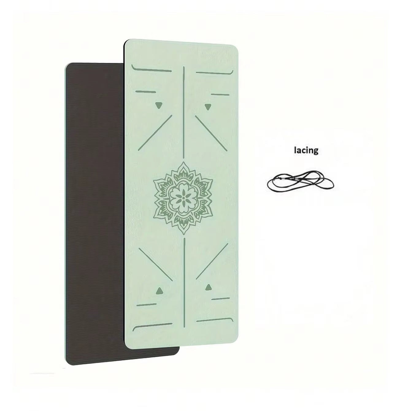 MotionMade green and black anti-slip yoga mat with mandala alignment print and included carrying strap.