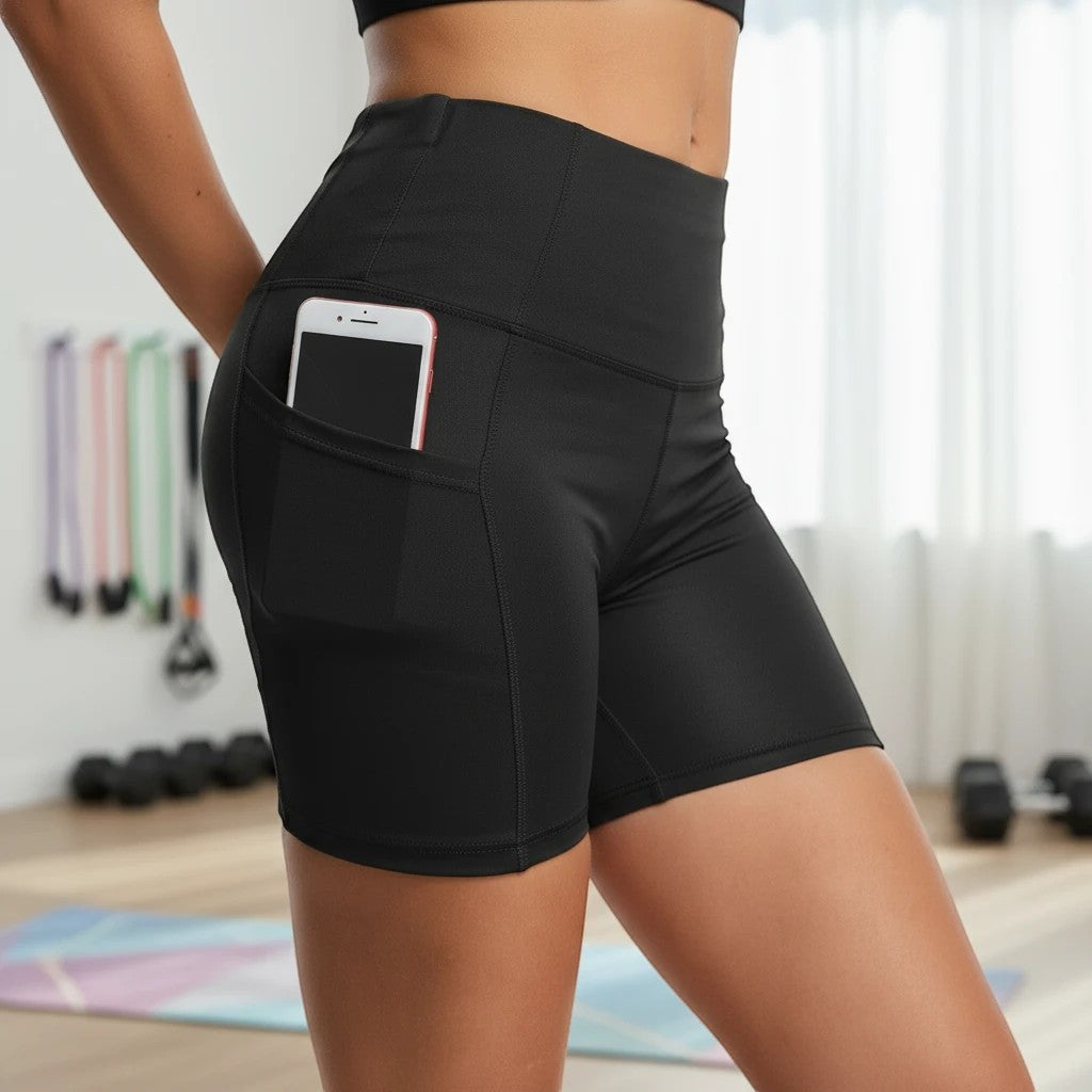 MotionMade black high-waisted compression shorts with side pocket holding a smartphone, worn in a gym setting.