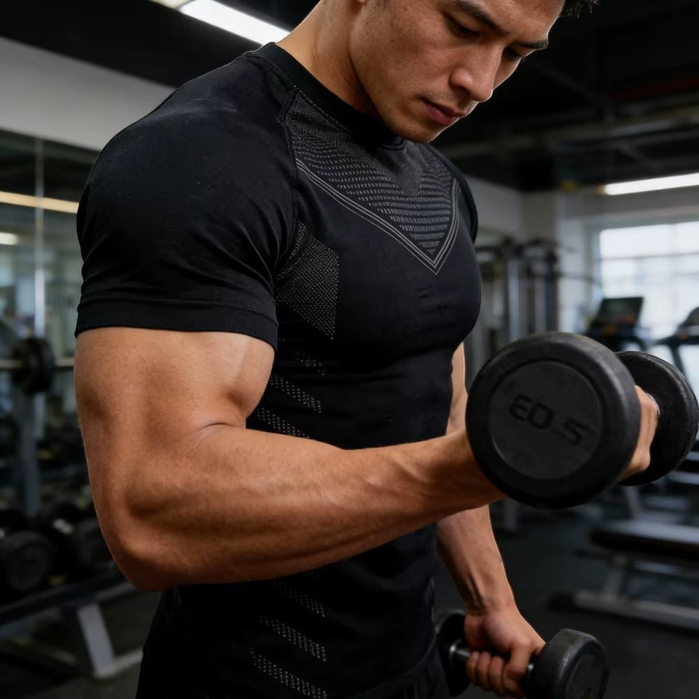 Athlete wearing a black MotionMade seamless compression shirt with body-mapping design while lifting dumbbells in a gym