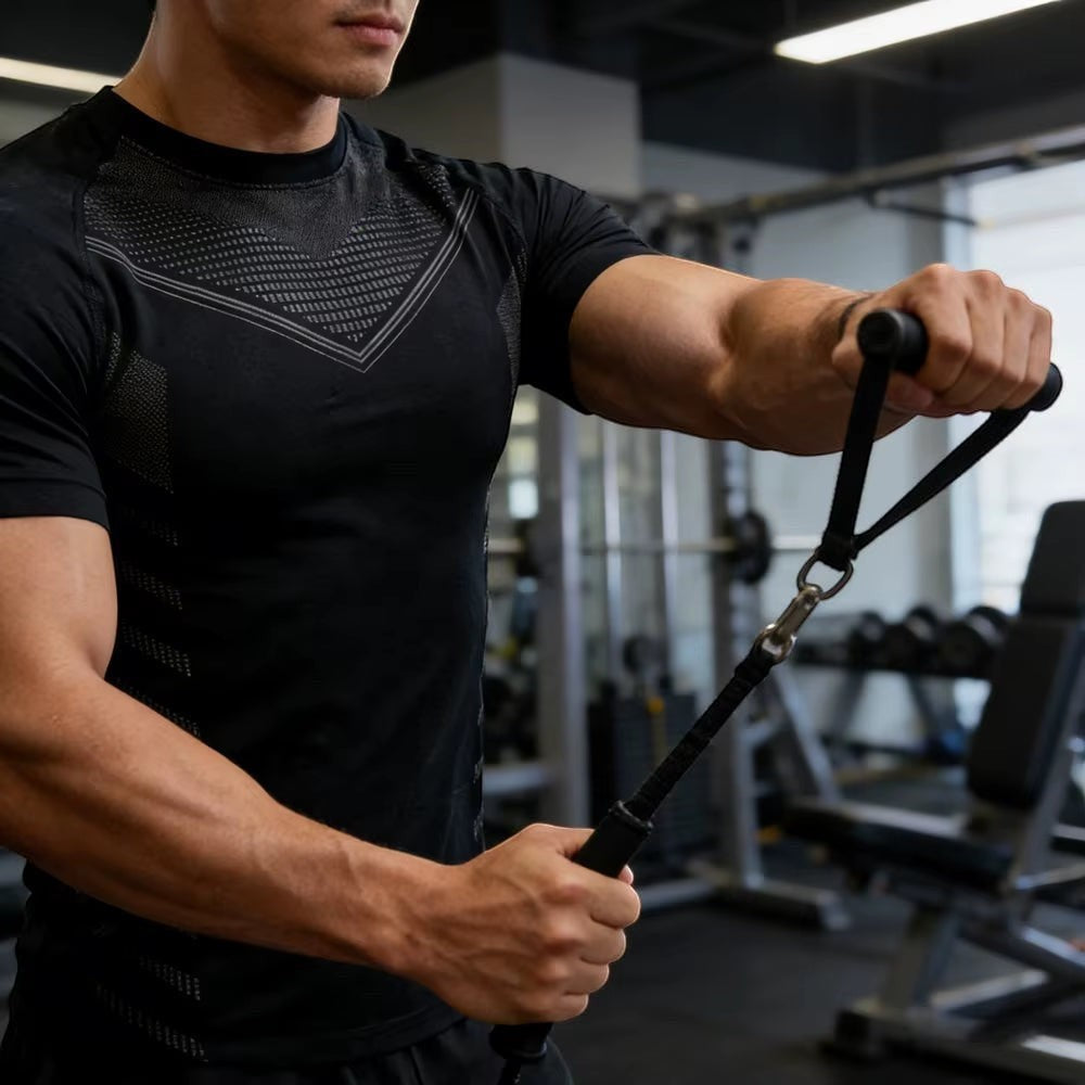 MotionMade men's black seamless compression shirt with body-mapping design worn by an athlete training in a gym.