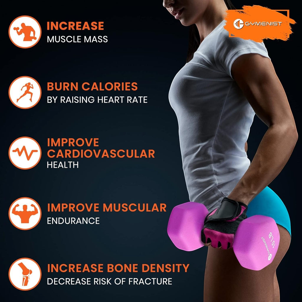 MotionMade pink non-slip dumbbell held by a fit woman, highlighting fitness benefits for home strength training.