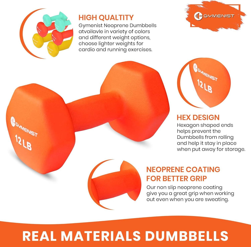 MotionMade 12 lb orange neoprene dumbbell with a non-slip hex design for home gym resistance training.