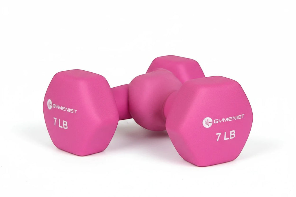 MotionMade 7 lb pink non-slip cast iron dumbbell for home gym resistance training and strength exercises.