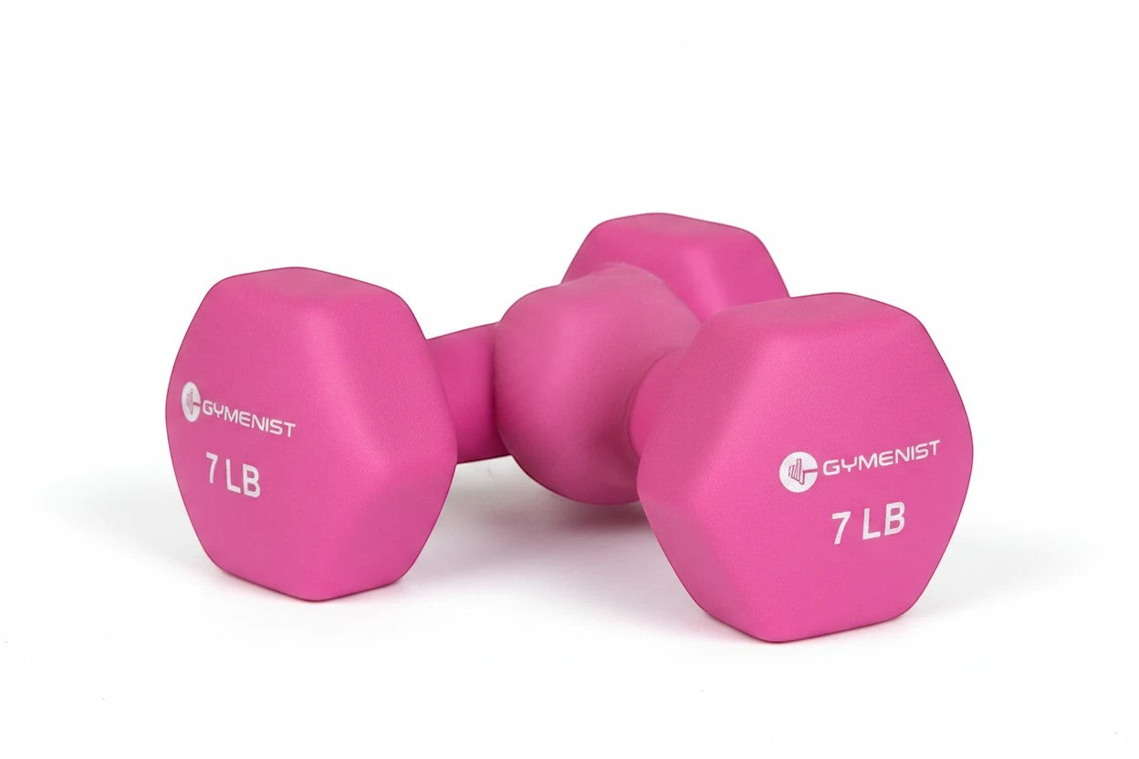 MotionMade 7 lb pink non-slip cast iron dumbbell for home gym resistance training and strength exercises.