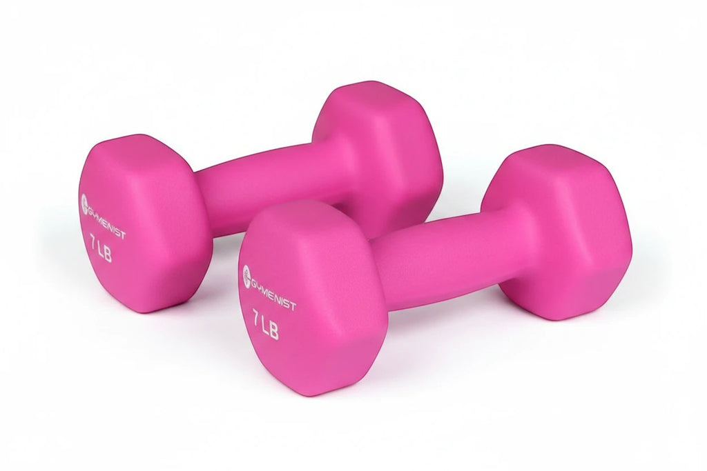 MotionMade 7 lb pink non-slip dumbbells for home strength training and resistance workouts