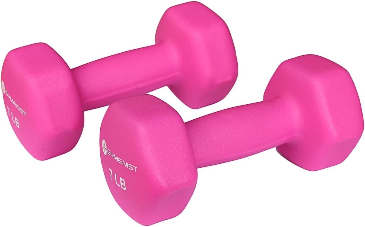 MotionMade pair of 7 lb pink non-slip cast iron dumbbells for home gym strength training and resistance exercises.