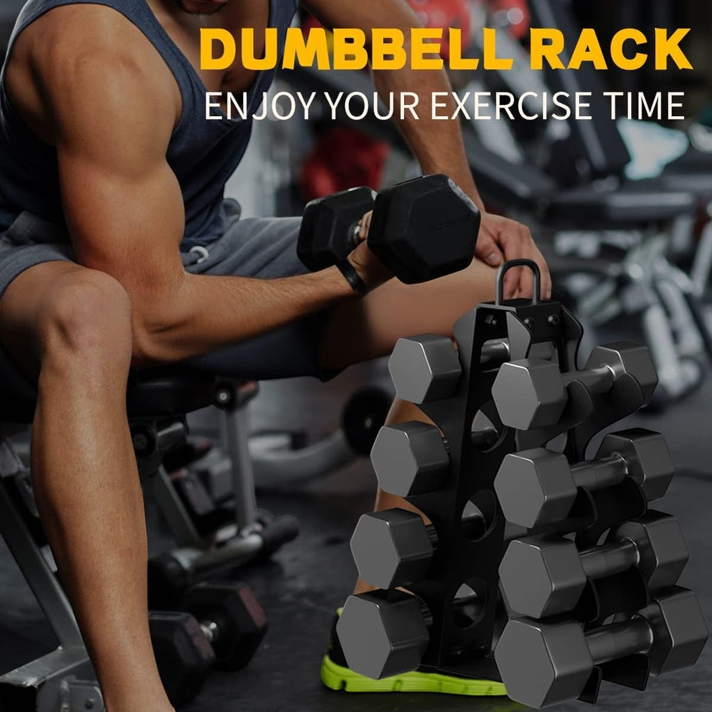 MotionMade vertical steel dumbbell rack with black powder-coated finish in a home gym setting with a weightlifter.