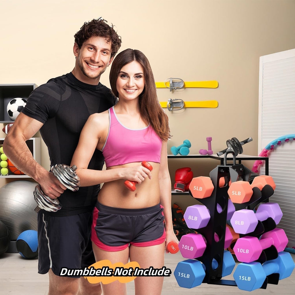 MotionMade vertical steel dumbbell rack in black, holding colorful hand weights in a home gym with a smiling couple.