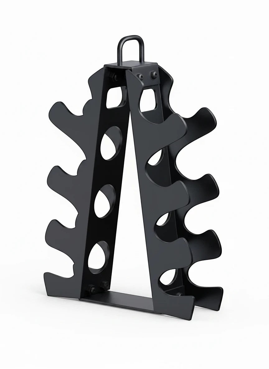 MotionMade vertical steel dumbbell rack in black with a space-saving design and top handle for home gym storage.