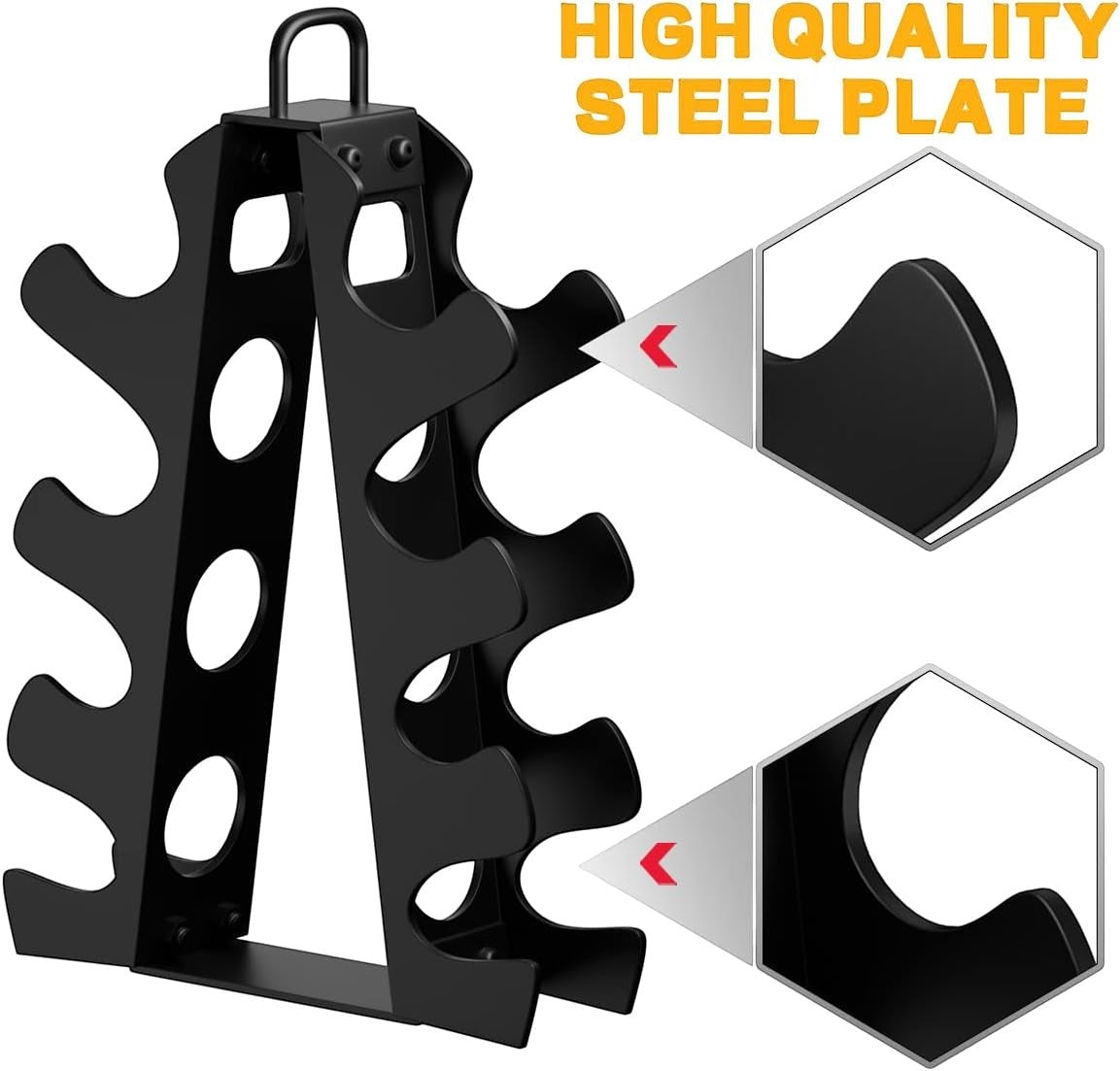 MotionMade vertical hand weight storage rack in black steel with ergonomic cradles for home gym organization.