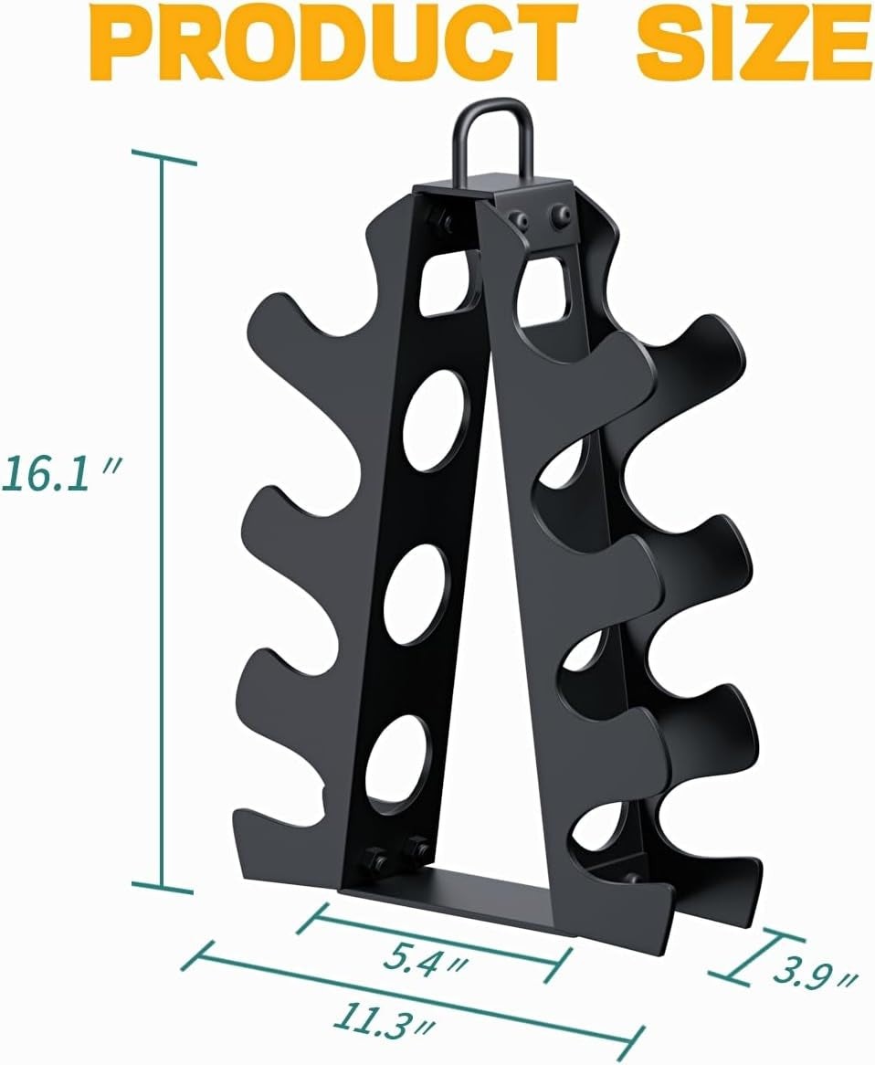 MotionMade vertical hand weight storage rack in black steel with dimensions shown for home gym organization.