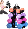 MotionMade vertical steel dumbbell rack in black holding colorful hex hand weights for home gym organization.