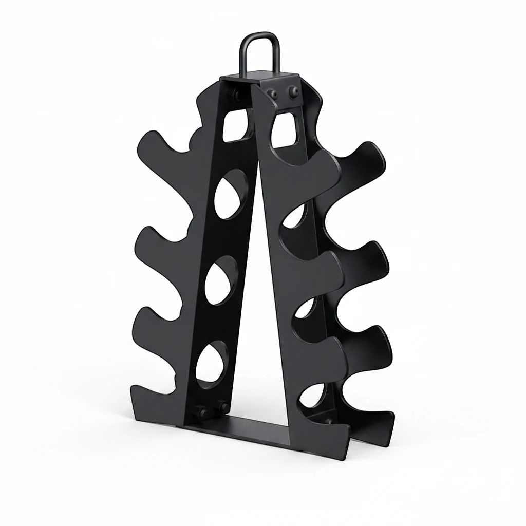 MotionMade vertical steel dumbbell rack in black with space-saving design and top handle for home gym organization.