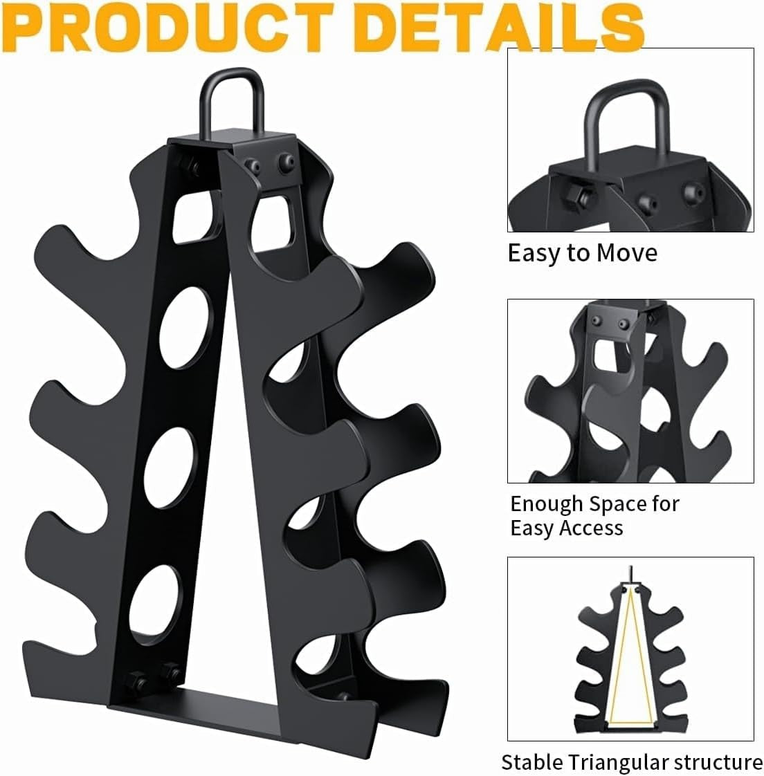 MotionMade vertical steel dumbbell rack in black with a space-saving triangular design and convenient carry handle.