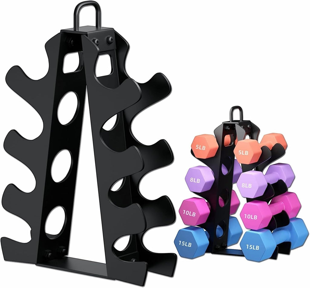 MotionMade vertical steel dumbbell rack in black with space-saving design for home gym organization.