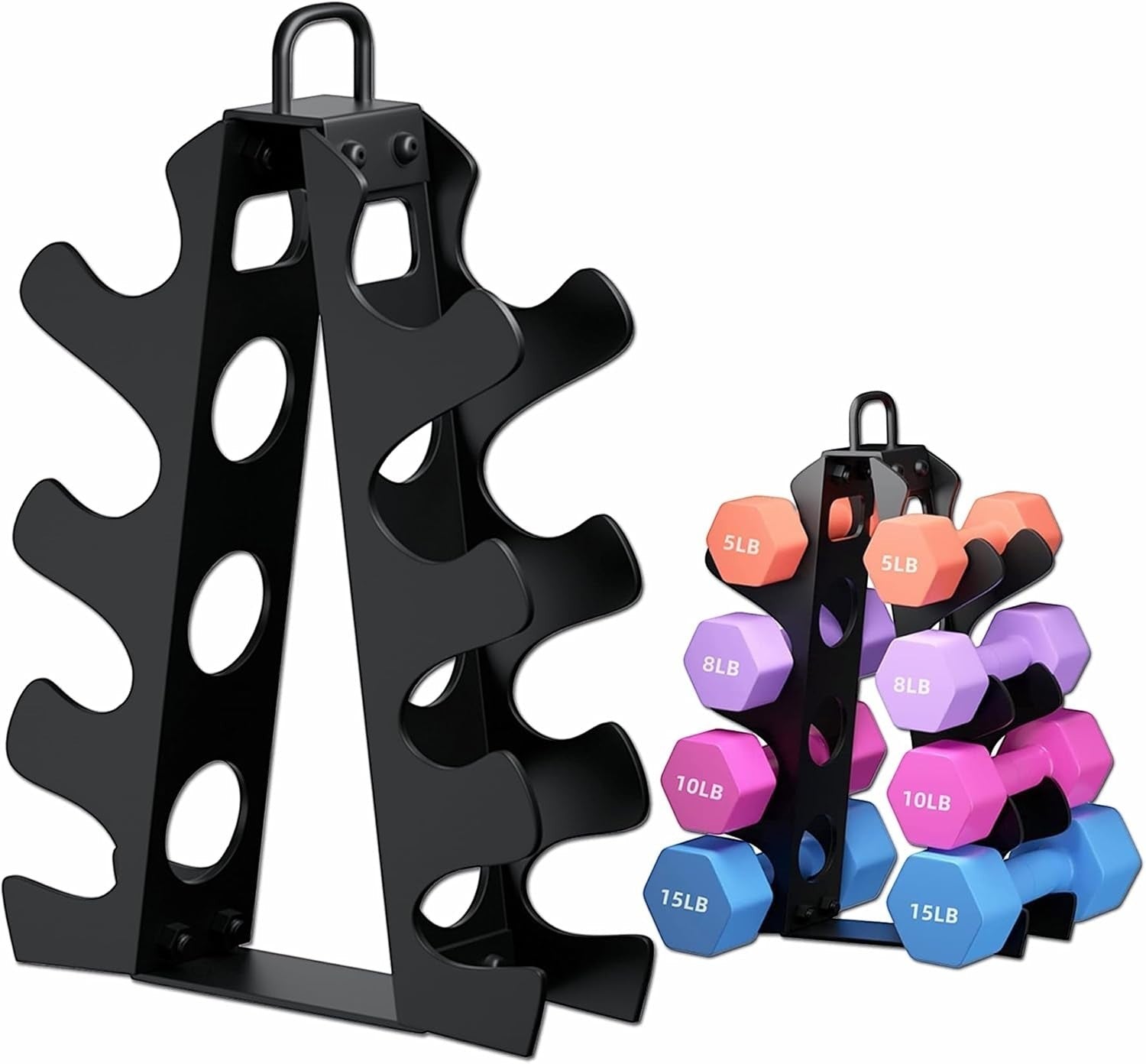 MotionMade vertical steel dumbbell rack in black with space-saving design for home gym organization.