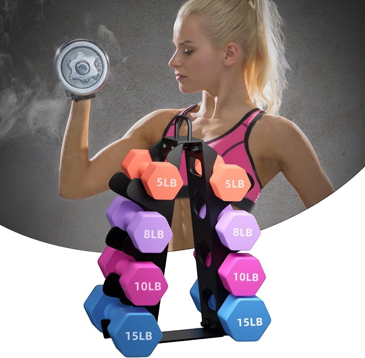 MotionMade vertical steel dumbbell rack in black with colorful hand weights, used by a woman in a home gym setting.