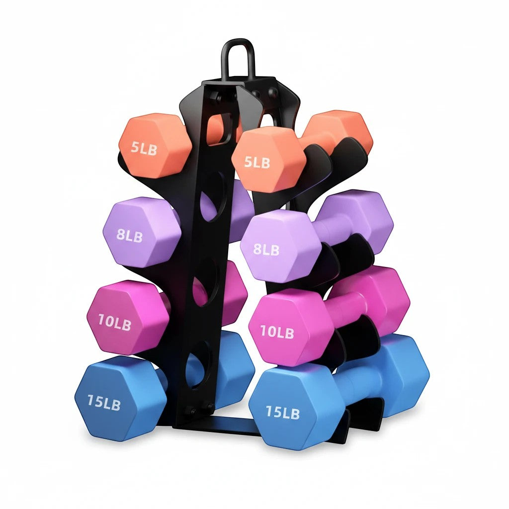 MotionMade vertical steel dumbbell rack in black with colorful hand weights organized for home gym storage.