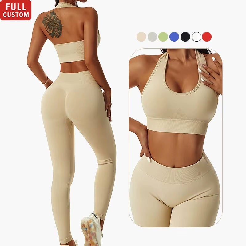 MotionMade beige push-up gym activewear set with high-waisted leggings and halter sports bra for yoga and training.