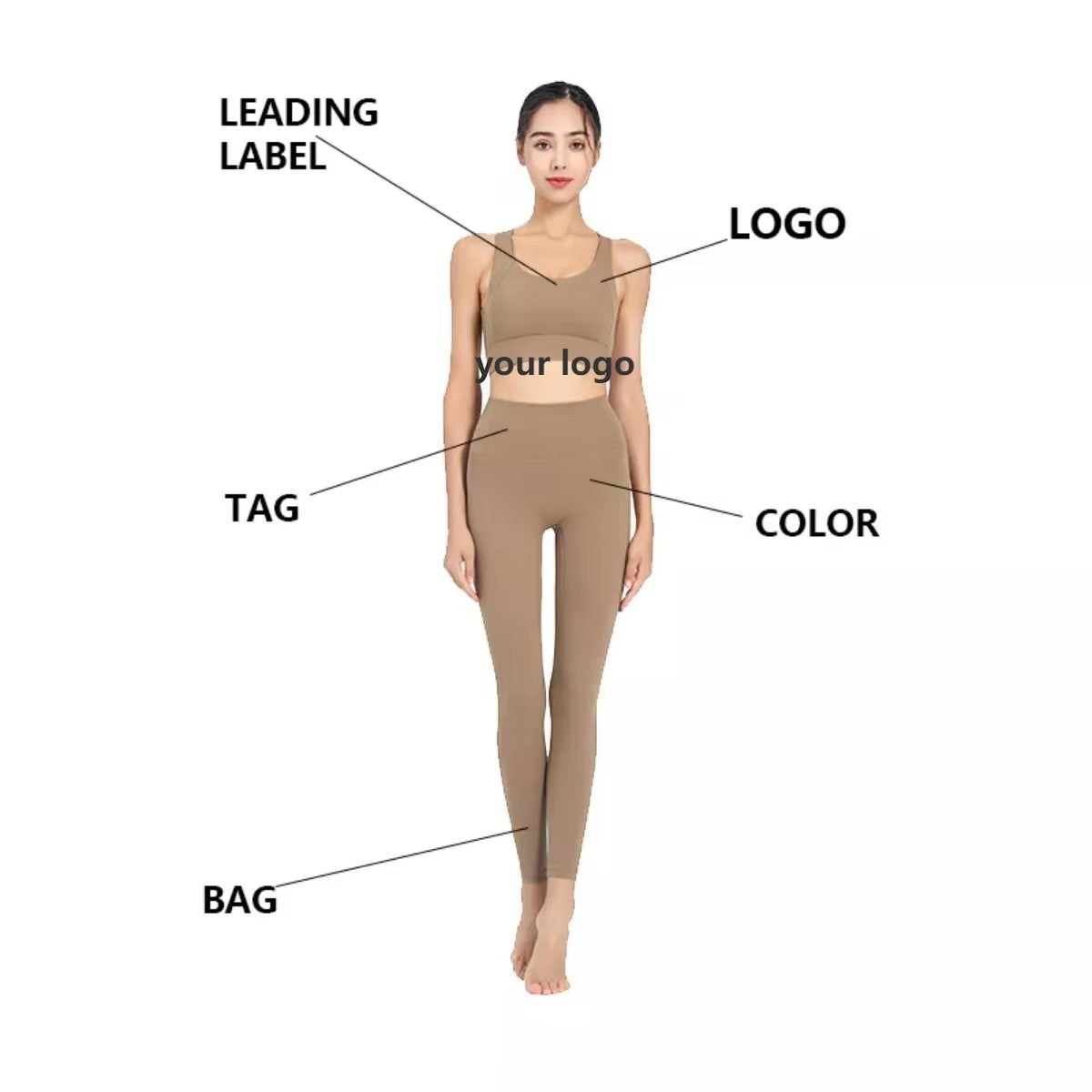 Model wearing a beige MotionMade high-waisted yoga leggings and sports bra set with push-up support.